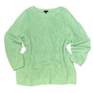 Talbots Sweater 1X Green Cable Knit Lightweight Plus Size Spring Pullover